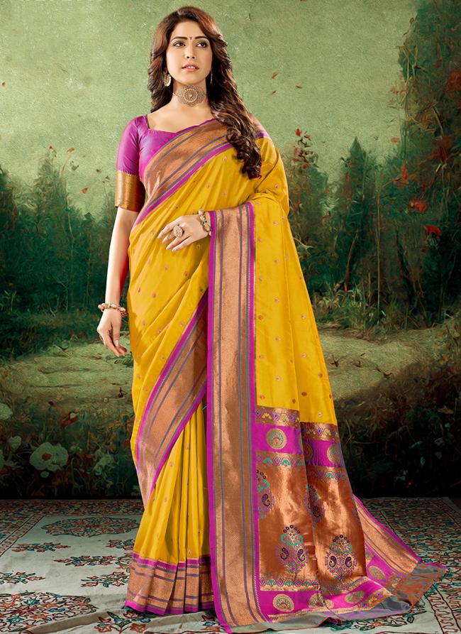 Paithani Silk Mustard Festival Wear Weaving Saree